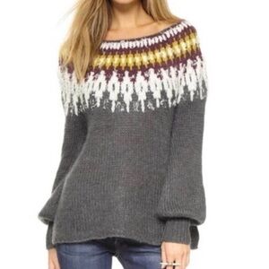 FREE PEOPLE GRAY YELLOW OFF-WHITE BALTIC FAIR ISLE LONG SLEEVE SWEATER WOMENS XS